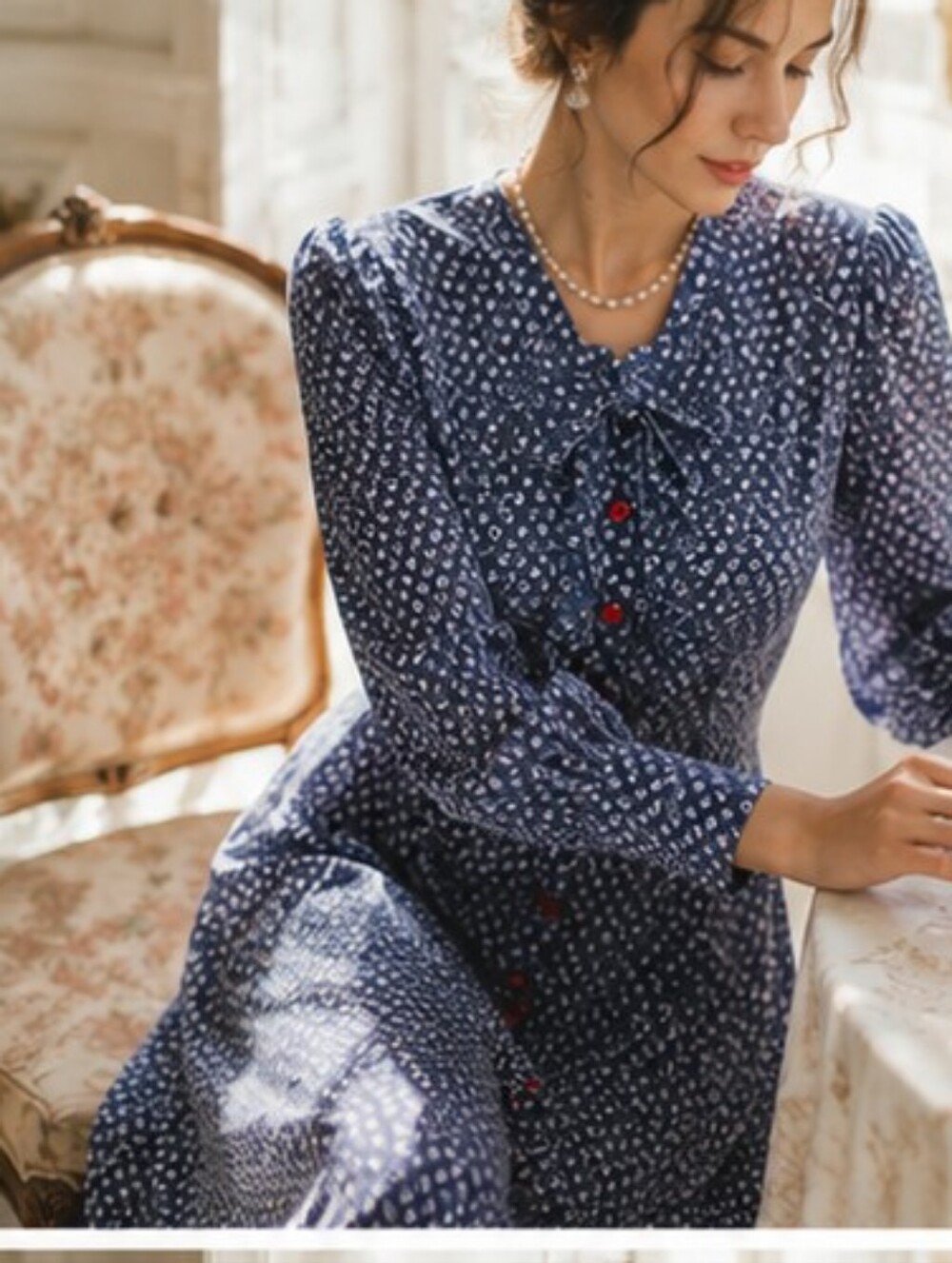 BURU Vintage The Notebook Neck Tie Shirtwaist Dress Ditsy Denim - Picture 6 of 12